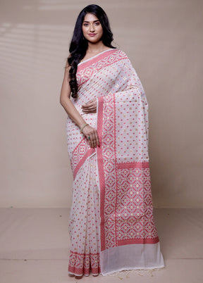 White Pure Cotton Saree With Blouse Piece