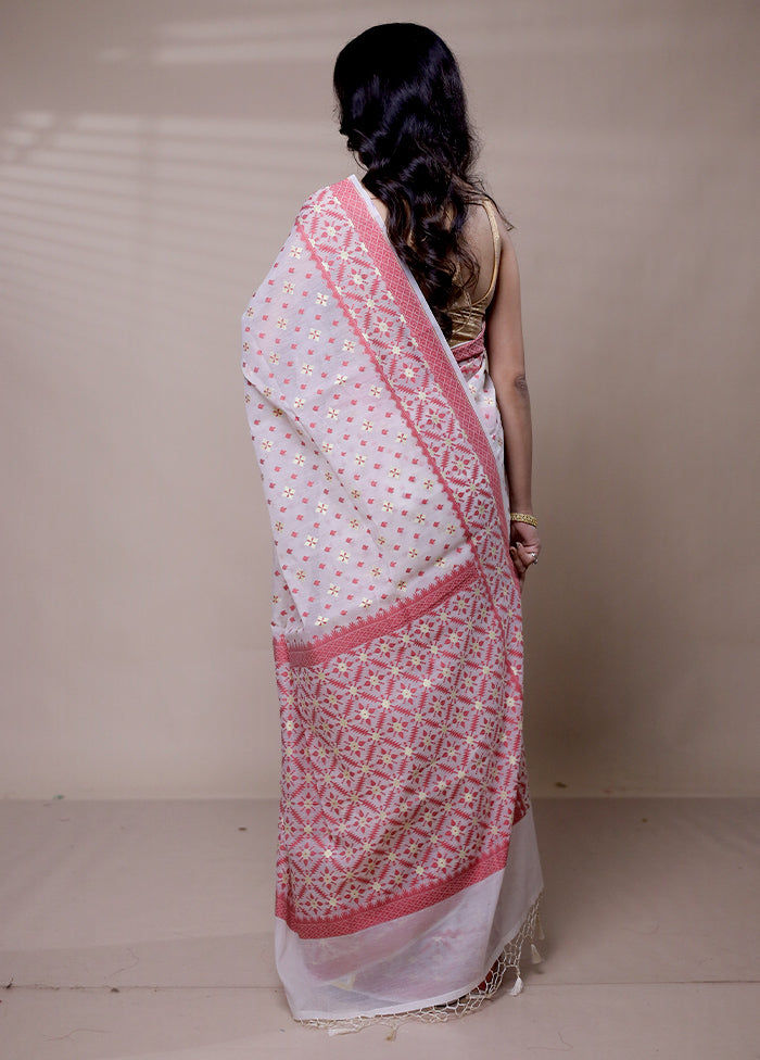 White Pure Cotton Saree With Blouse Piece