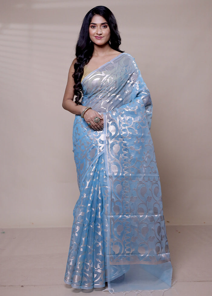 Blue Organza Saree With Blouse Piece