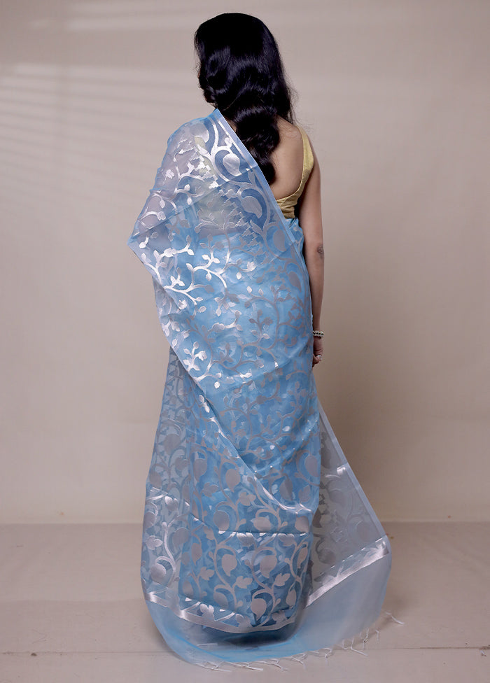 Blue Organza Saree With Blouse Piece