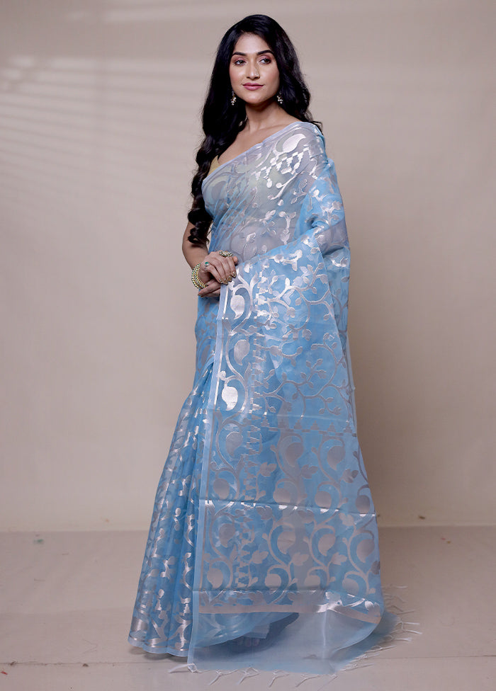 Blue Organza Saree With Blouse Piece