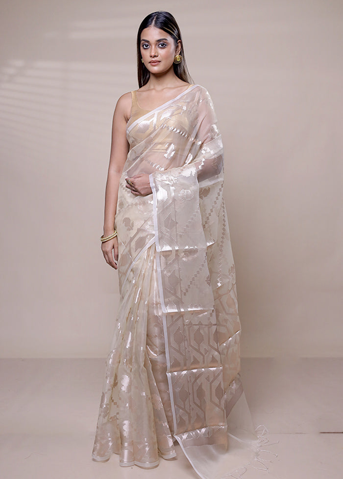 Cream Organza Saree With Blouse Piece