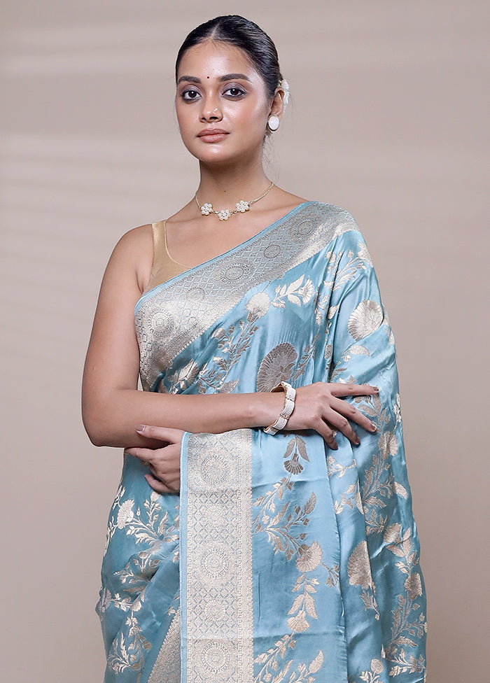 Blue Handloom Pure Georgette Saree With Blouse Piece