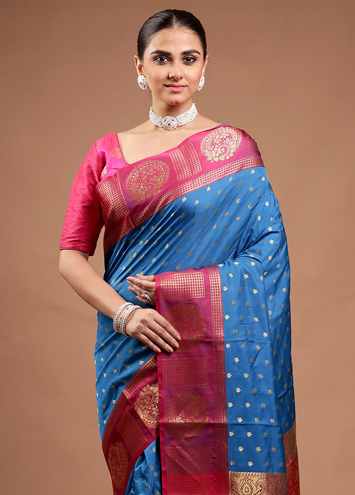 Blue Kanjivaram Silk Saree With Blouse Piece