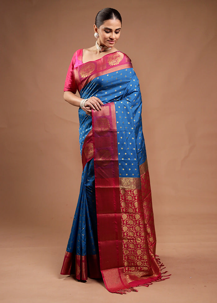 Blue Kanjivaram Silk Saree With Blouse Piece