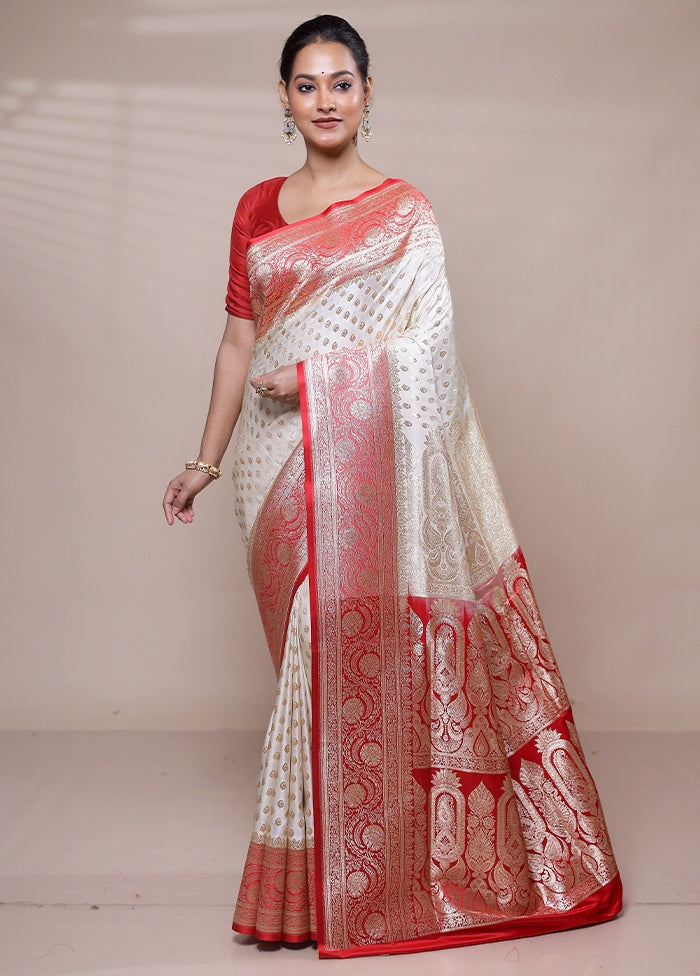 Cream Banarasi Silk Saree With Blouse Piece