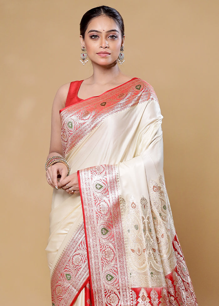 Cream Banarasi Silk Saree With Blouse Piece