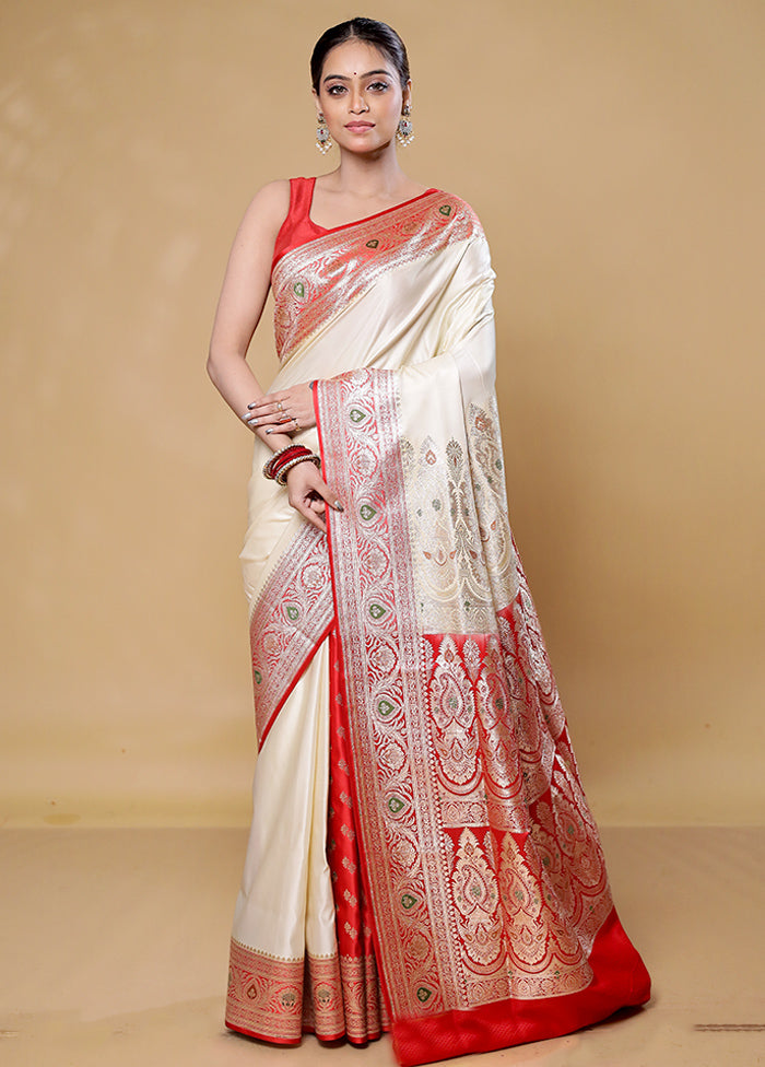 Cream Banarasi Silk Saree With Blouse Piece