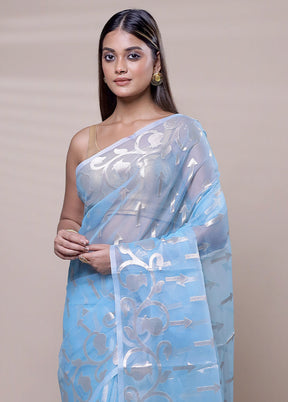 Blue Organza Saree With Blouse Piece