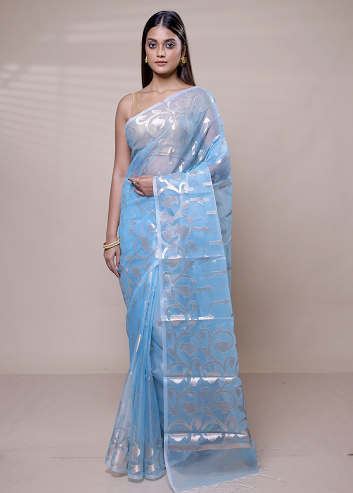 Blue Organza Saree With Blouse Piece