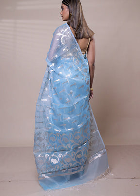 Blue Organza Saree With Blouse Piece