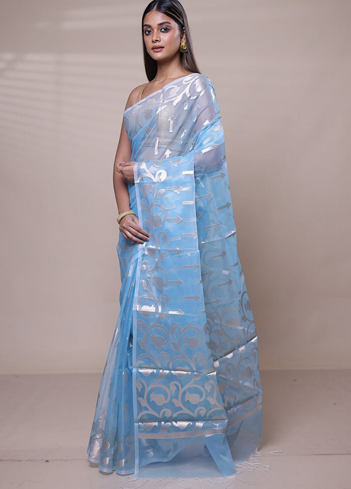 Blue Organza Saree With Blouse Piece