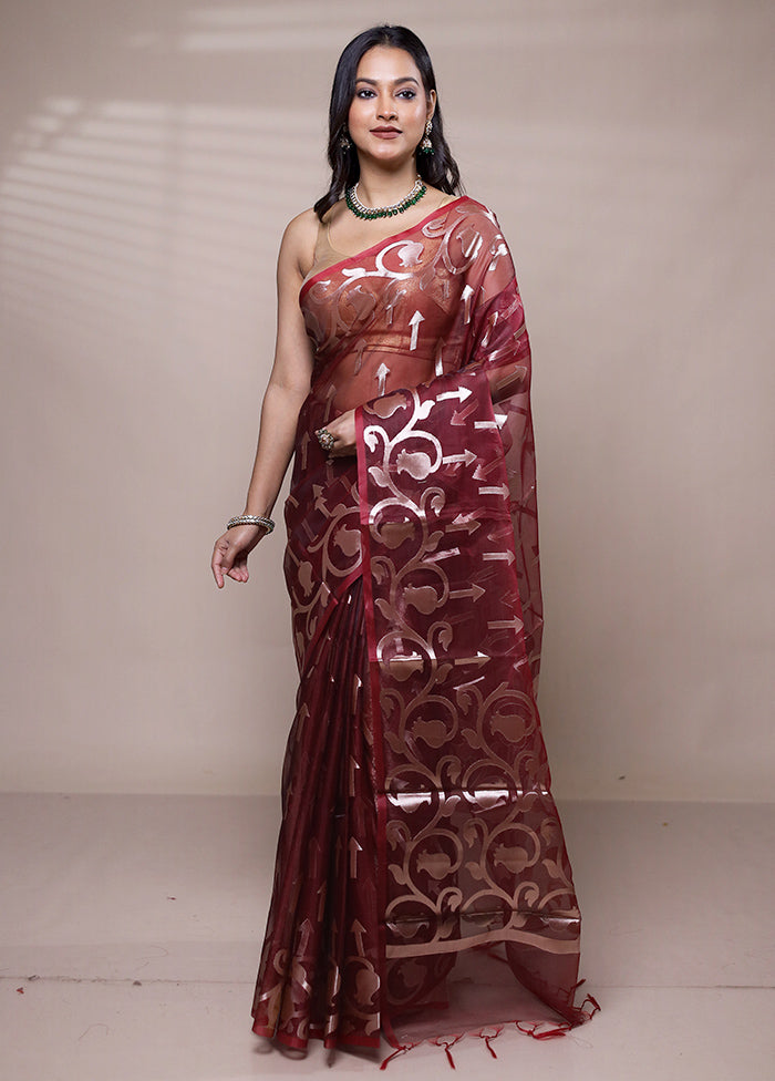 Maroon Organza Saree With Blouse Piece