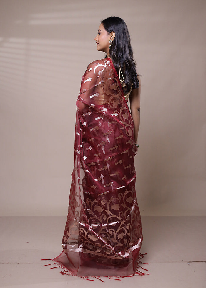 Maroon Organza Saree With Blouse Piece