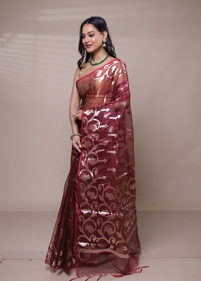 Maroon Organza Saree With Blouse Piece