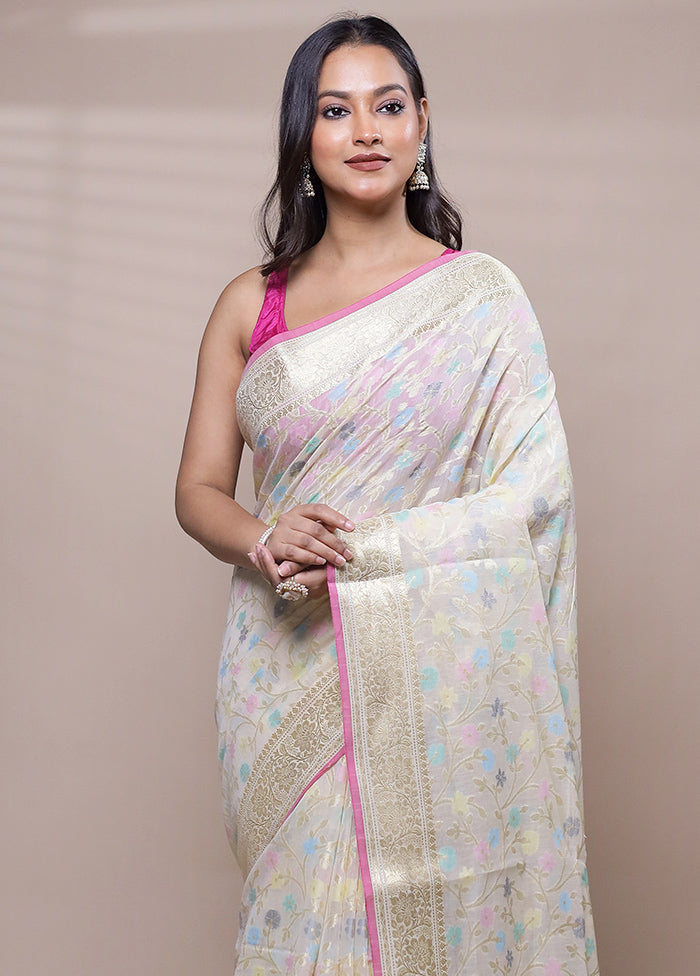 Cream Pure Cotton Saree With Blouse Piece