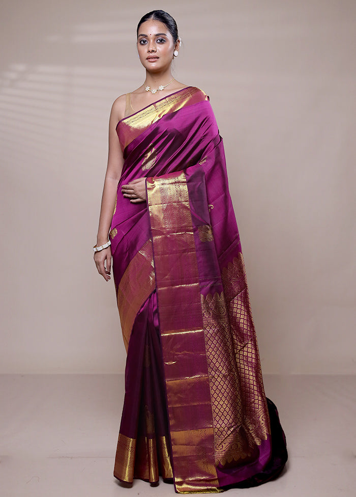 Purple Handloom Kanchipuram Pure Silk Saree With Blouse Piece