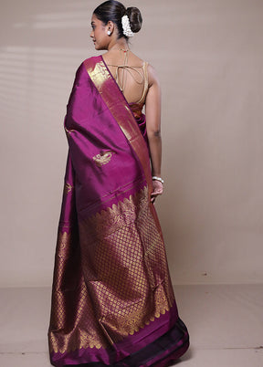 Purple Handloom Kanchipuram Pure Silk Saree With Blouse Piece