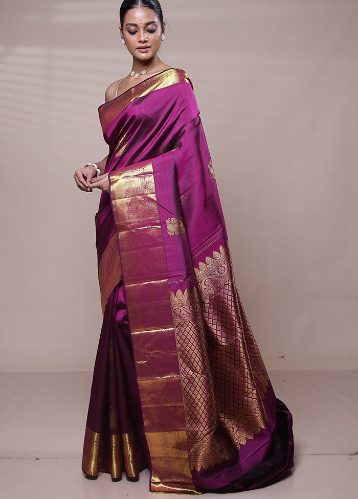 Purple Handloom Kanchipuram Pure Silk Saree With Blouse Piece