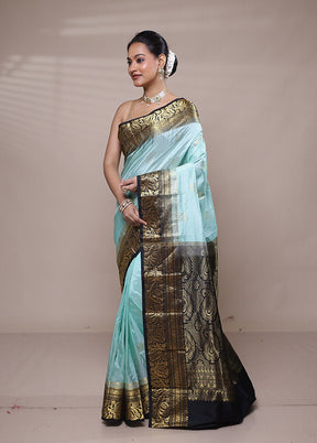 Blue Handloom Kanjivaram Pure Silk Saree With Blouse Piece