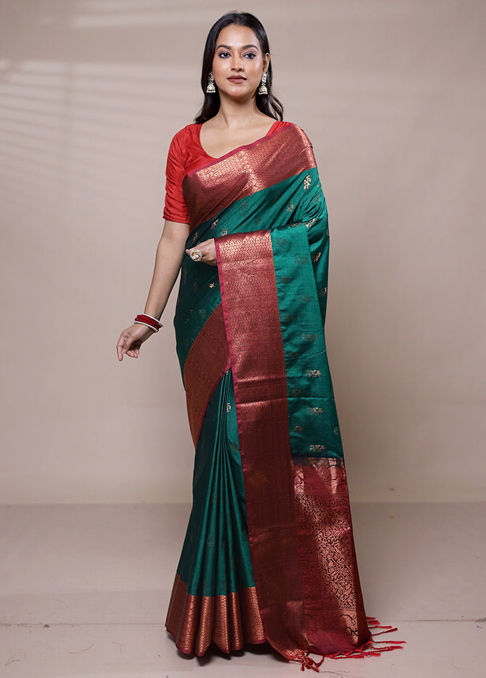 Green Dupion Silk Saree With Blouse Piece