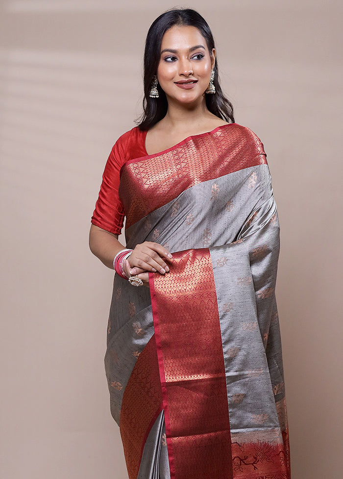 Grey Dupion Silk Saree With Blouse Piece