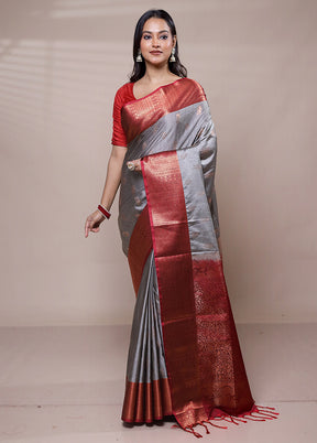 Grey Dupion Silk Saree With Blouse Piece