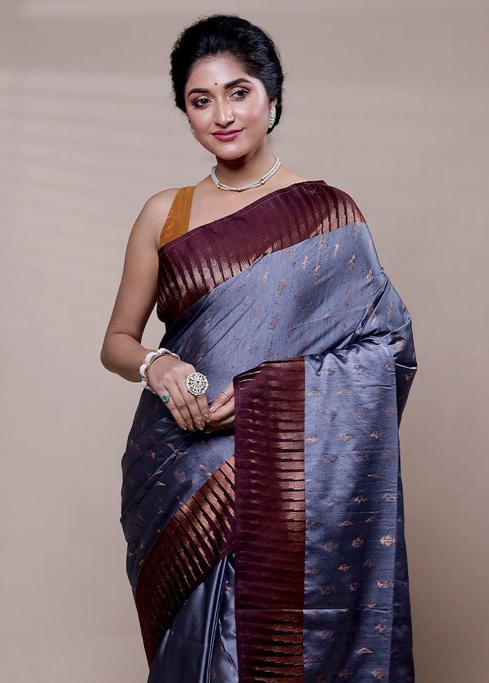 Grey Dupion Silk Saree With Blouse Piece