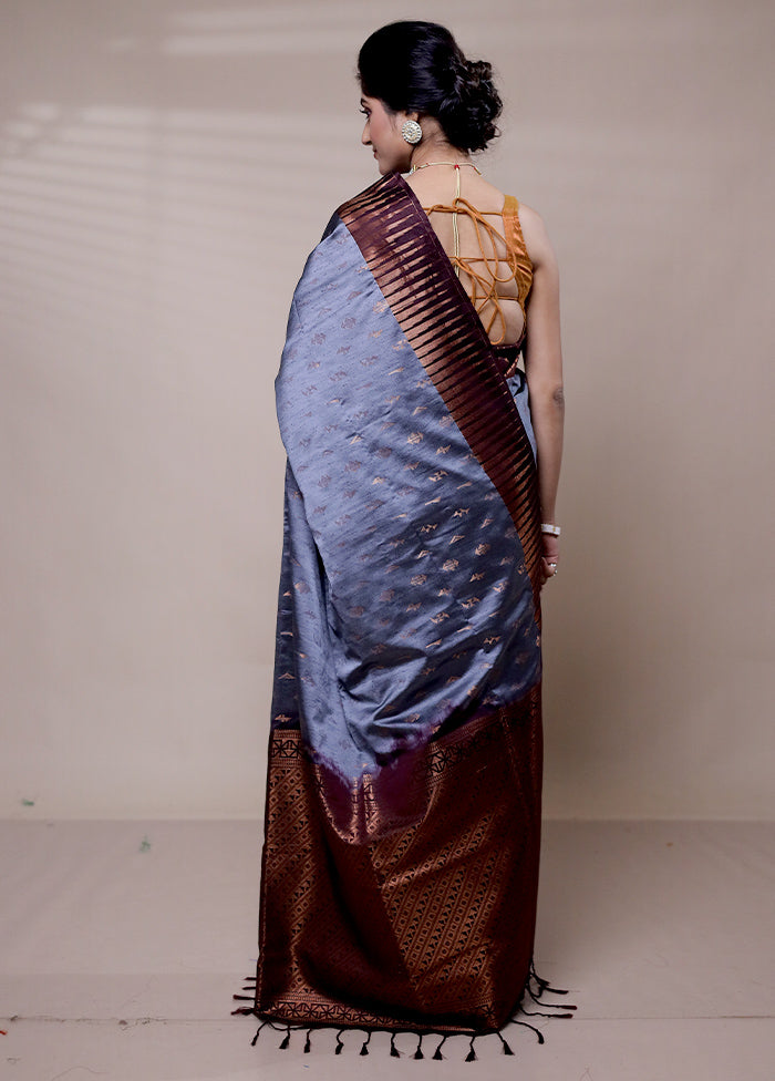 Grey Dupion Silk Saree With Blouse Piece