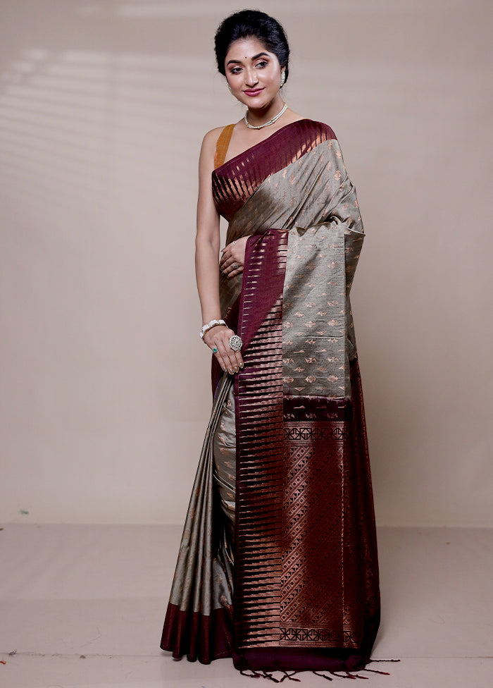 Grey Dupion Silk Saree With Blouse Piece