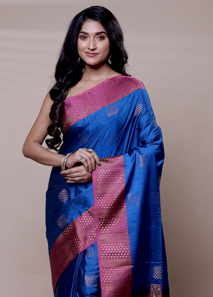 Blue Dupion Silk Saree With Blouse Piece