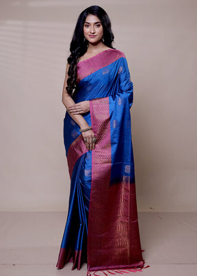 Blue Dupion Silk Saree With Blouse Piece