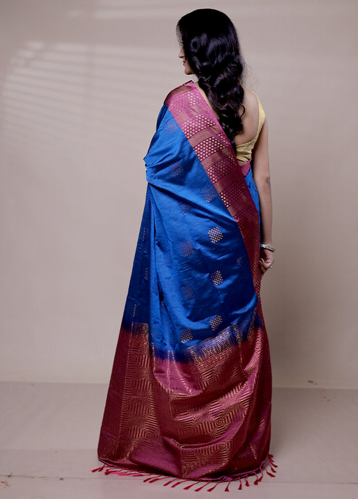 Blue Dupion Silk Saree With Blouse Piece