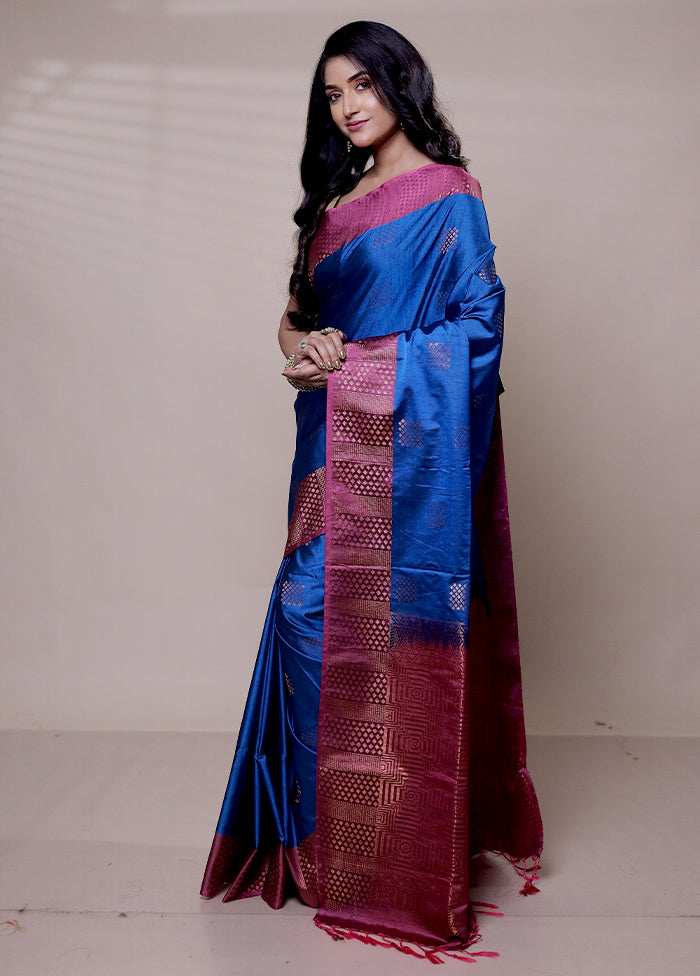 Blue Dupion Silk Saree With Blouse Piece