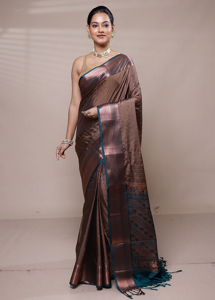 Brown Kanjivaram Silk Saree With Blouse Piece