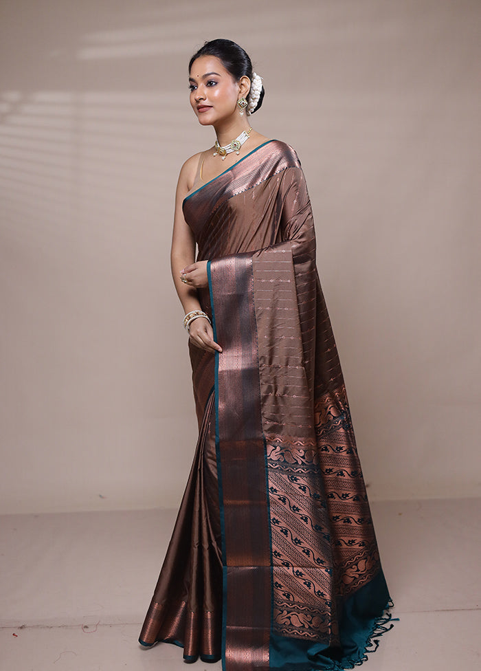 Brown Kanjivaram Silk Saree With Blouse Piece