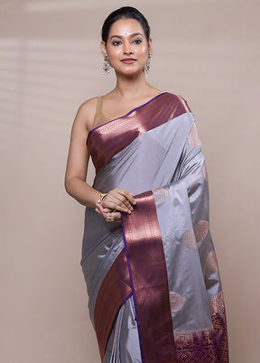 Grey Kanjivaram Silk Saree With Blouse Piece