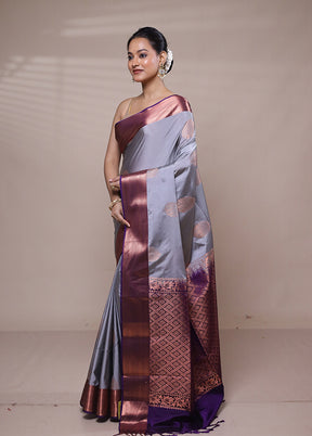 Grey Kanjivaram Silk Saree With Blouse Piece