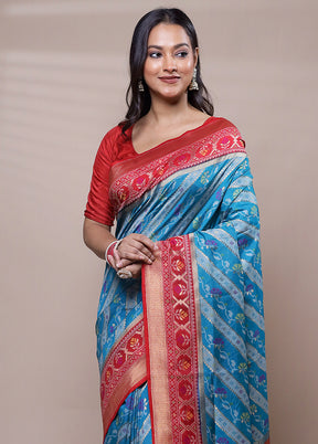 Blue Dupion Silk Saree With Blouse Piece