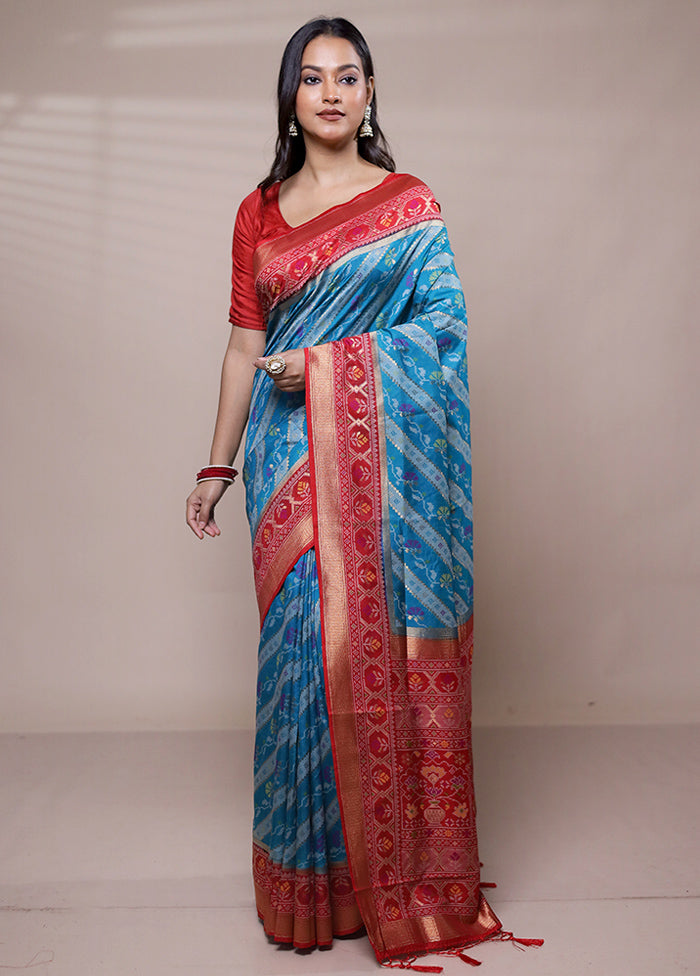 Blue Dupion Silk Saree With Blouse Piece