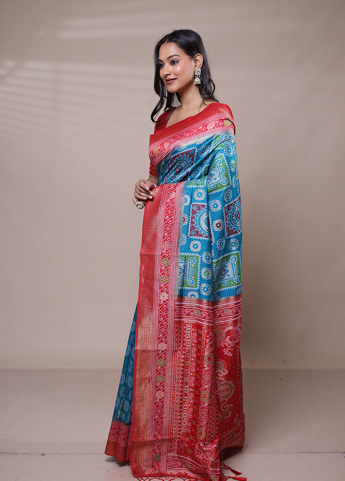 Blue Dupion Silk Saree With Blouse Piece