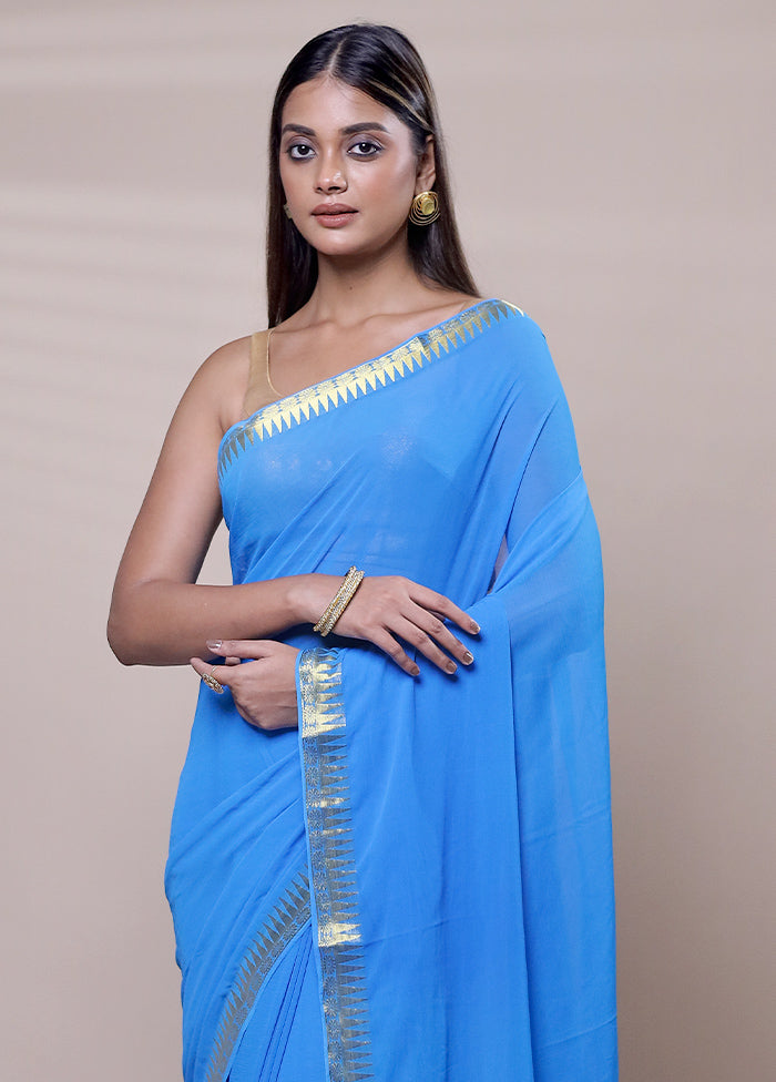 Blue Chiffon Silk Saree With Blouse Piece