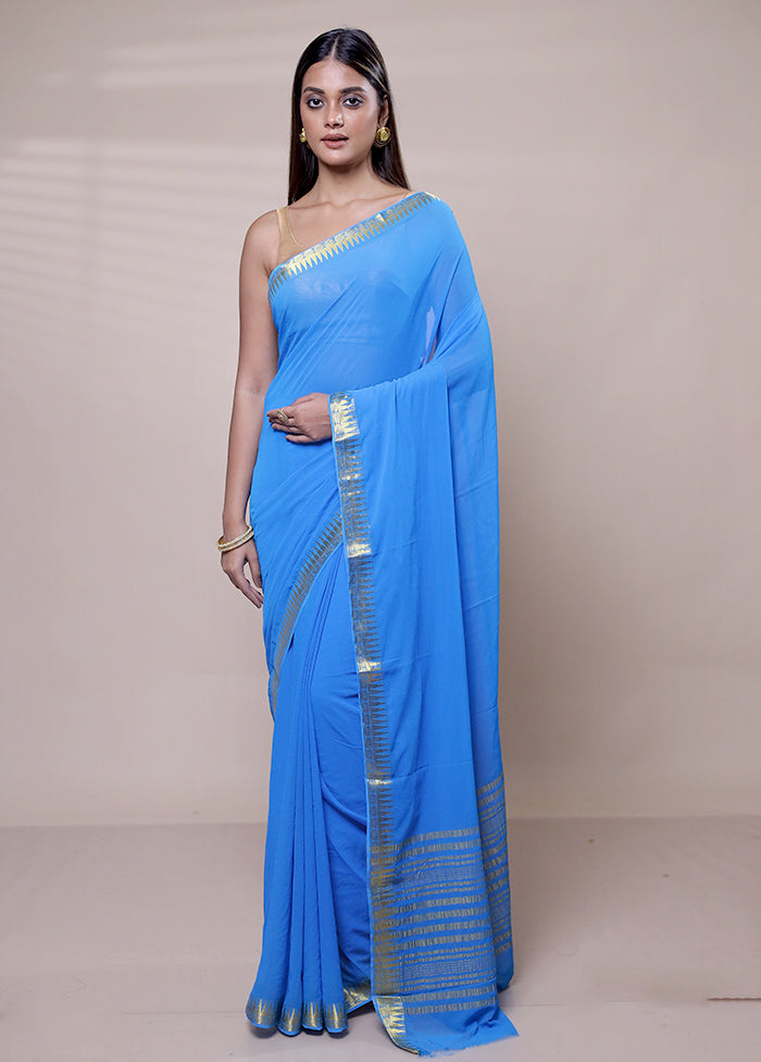 Blue Chiffon Silk Saree With Blouse Piece