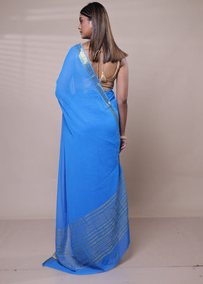 Blue Chiffon Silk Saree With Blouse Piece