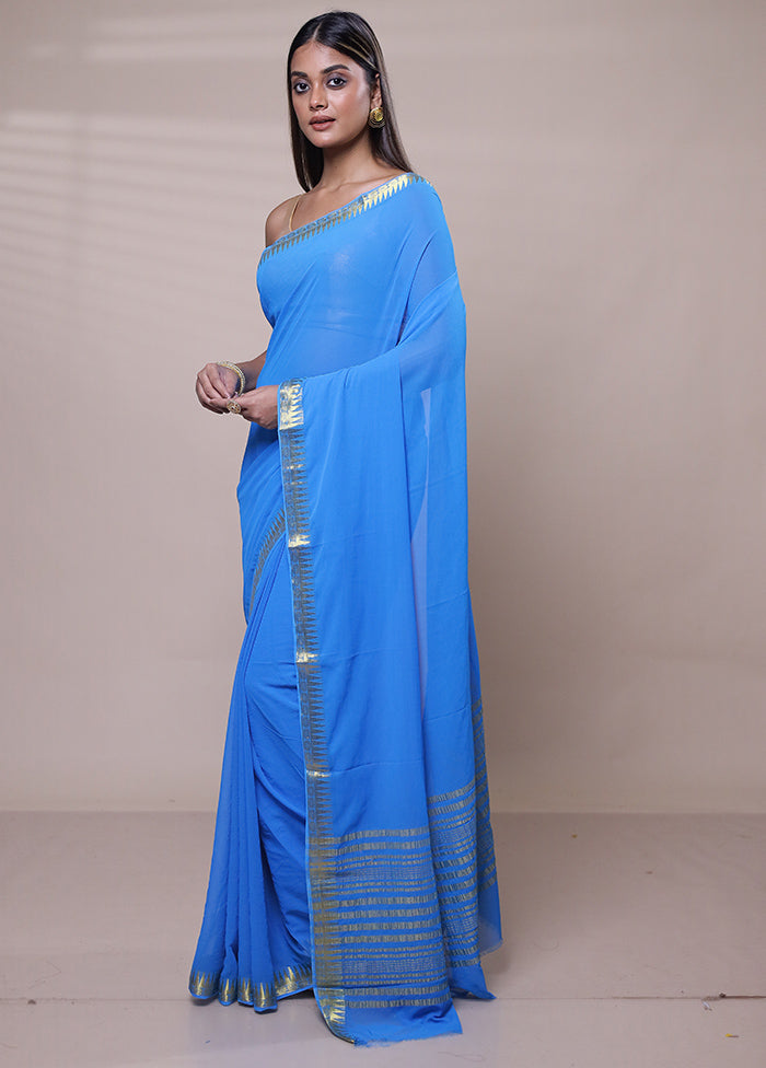 Blue Chiffon Silk Saree With Blouse Piece