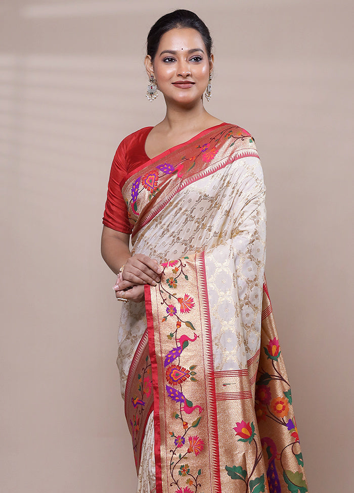 Cream Handloom Uppada Pure Silk Saree With Blouse Piece