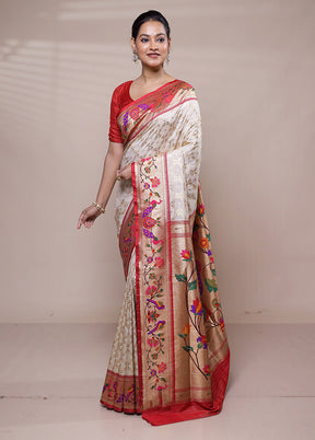 Cream Handloom Uppada Pure Silk Saree With Blouse Piece