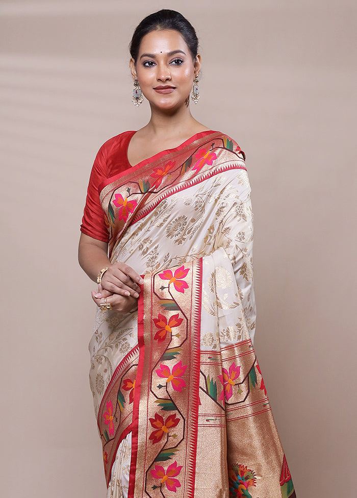 Cream Handloom Uppada Pure Silk Saree With Blouse Piece