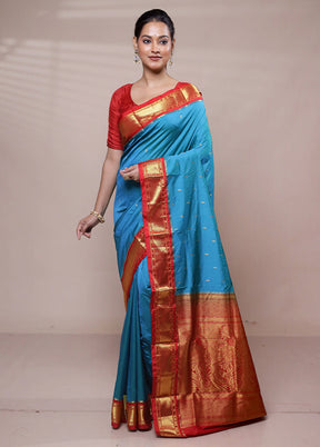 Blue Kanjivaram Silk Saree With Blouse Piece