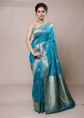 Blue Dupion Silk Saree With Blouse Piece